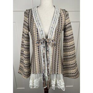 Ryu Anthropologie Boho Knit Cardigan Sweater Lace Trim Tie Front Bell Sleeve Med